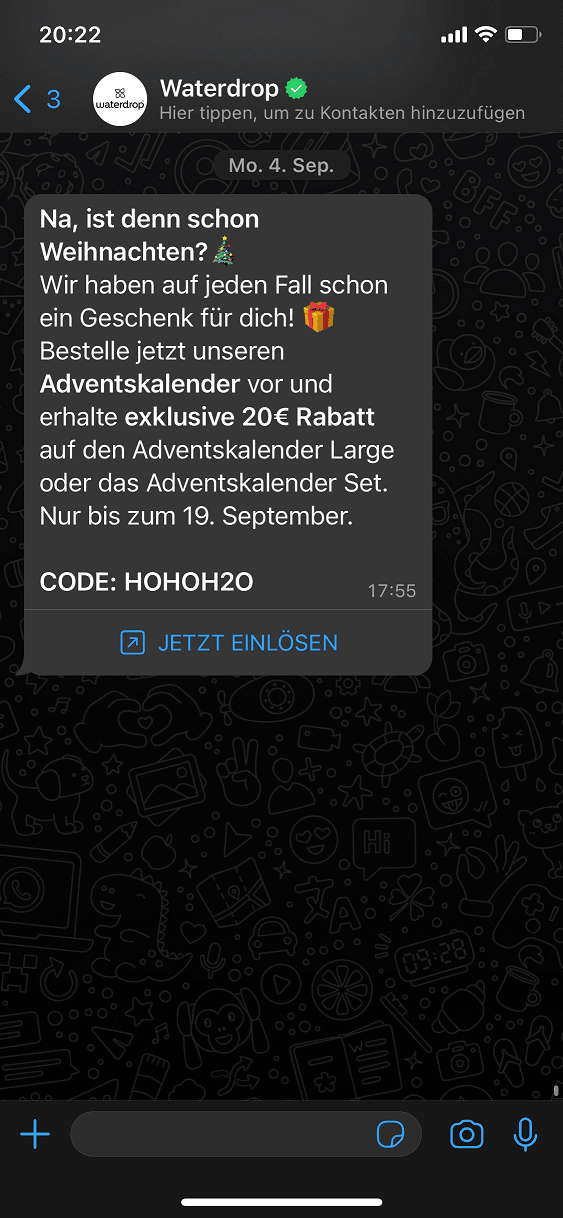 waterdrop WhatsApp Kampagne mit über 90% Öffnungsrate und über 30% Click Through Rate sowie einem RPR von über €3,50.